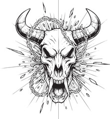 Stylized Animal Skull with Horns and Chain Vector Illustration for Dark Theme Designs