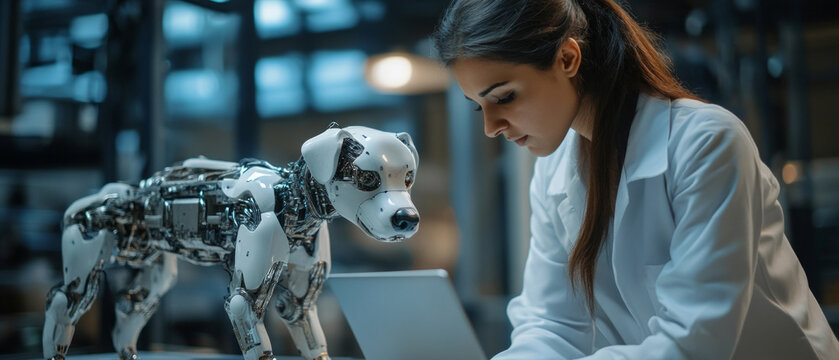 A scientist interacts with a robot dog in a laboratory, illustrating progress in robotics, which serves as a modern technological backdrop for presentations of innovations. - Powered by Adobe