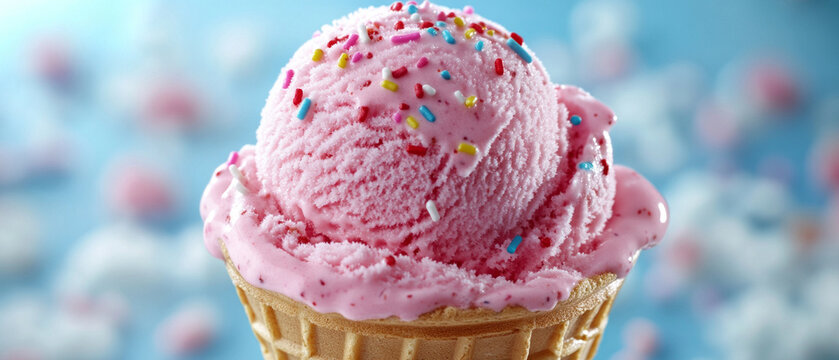A rich pink dessert in a waffle cup with colourful sprinkles embodies joy and freshness, ideal for a bright, atmospheric backdrop in advertising summer treats.