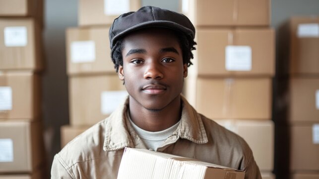 A young man in uniform with a box in a warehouse embodies responsibility and professionalism — a suitable visual backdrop for logistics company job vacancies. - Powered by Adobe