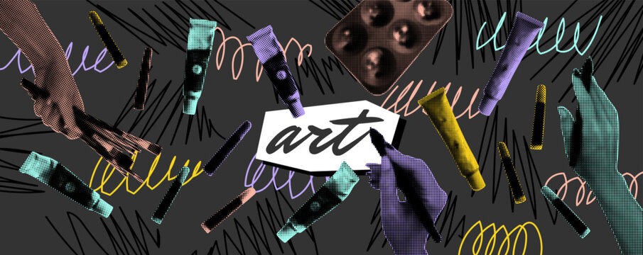 Craft halftone. Painter brushes. Dotted texture of hand. Retro artistic tool. Cutout paintbrush or paint tubes. Poster pop art. Vintage paper objects. Modern collage artwork. Vector art garish concept