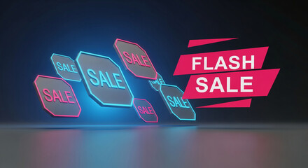 Image of floating sale signs with neon pink and blue glow, showcasing flash sale concept and promotional campaign with vibrant graphic design