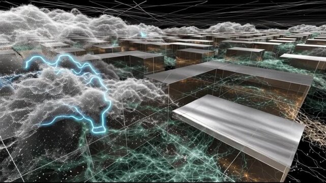 Hyperscaler. Cloud infrastructure technology innovation. Data center. Compute power. Virtualization. Abstract representation of cloud infrastructure and data flow.