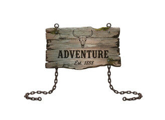 Rustic Wooden Sign With The Word Adventure And Est 1822 In A Textured Font Hanging By Chains On A Black Background