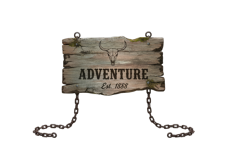 Rustic Wooden Sign With The Word Adventure And Est 1822 In A Textured Font Hanging By Chains On A Black Background