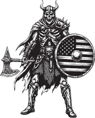 Undead Viking Warrior with American Flag Shield and Axe Illustration in Black and White Engraving Style