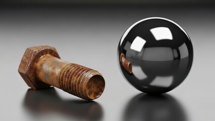 Rusty bolt lays beside a black spherical object on a gray surface reflecting the bolt