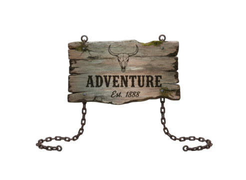 Rustic Wooden Sign With The Word Adventure And Est 1822 In A Textured Font Hanging By Chains On A Black Background
