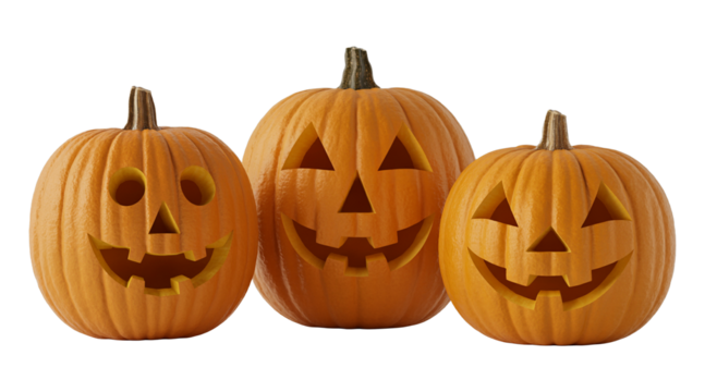 Three bright orange carved pumpkins with happy faces on them, isolated on a transparent PNG