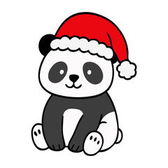 Dibujo sencillo con líneas de osito panda simpático con sombrero de Santa Claus para tarjetas y felicitaciones de Navidad