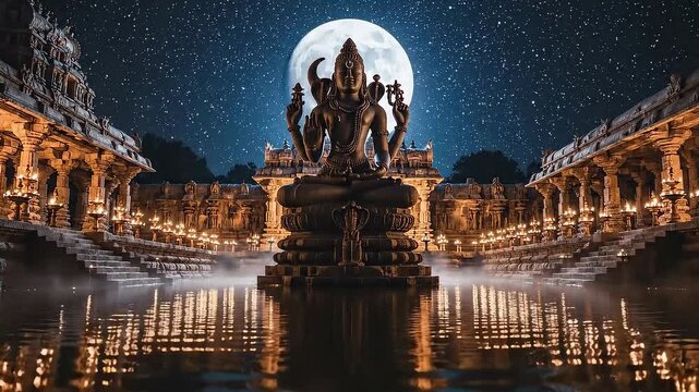 Grand Hindu Temple Goddess Statue Full Moon Reflection Night Sky