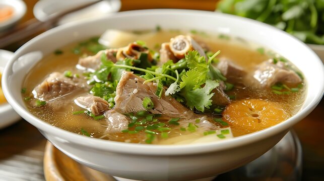 A bowl of vietnamese canh chua soup with pork ribs and fresh herbs on a wooden surface close up