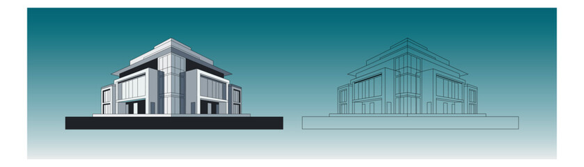 Vector illustration of a modern building with architectural wireframe