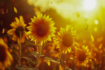 A field of sunflowers stands tall and vibrant as the sun sets, casting a warm golden glow over the landscape