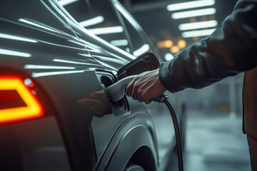 A person connects a charging cable to an electric vehicle in a dark, well-lit indoor space during the evening