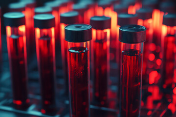 Rows of vials containing bright red liquid are arranged on a lab countertop, glowing softly in red light, creating a striking visual effect