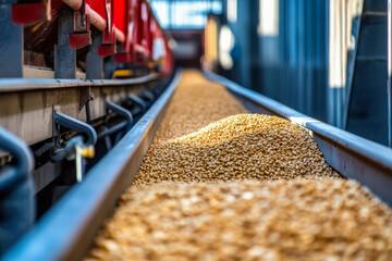 Golden grains are moving along a conveyor belt inside an agricultural facility under bright daylight, showcasing the grain transport process