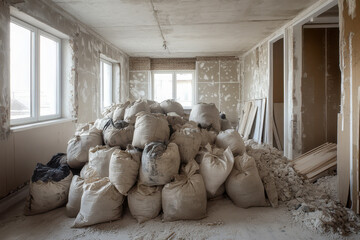 A large collection of beige bags filled with construction debris sits in a dusty, unfinished room with bare walls and windows