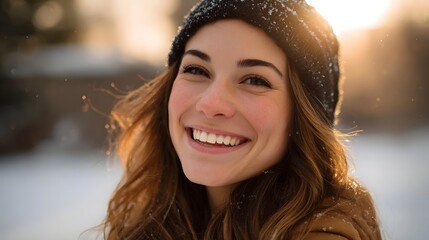 A joyful woman in a winter hat smiles brightly in the golden hour sunlight with falling snow