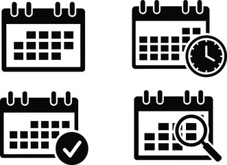 Set of Calendar Icon with Time, Checkmark and Magnifying Glass in Black Silhouette