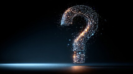 question mark made of a glowing wireframe hologram on a dark background