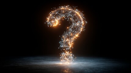 question mark made of a glowing wireframe hologram on a dark background