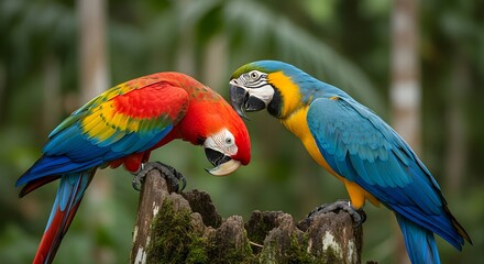 Obraz premium Two brightly colored macaws, the Scarlet Macaw (Ara macao) and the Blue-and-Gold Macaw (Ara ararauna), perched together on a mossy tree stump in a dense rainforest