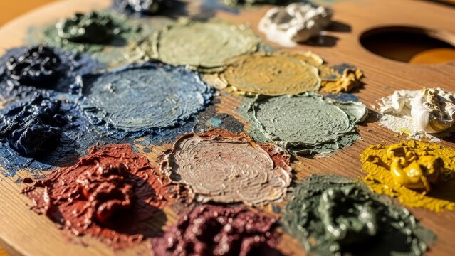 Wooden palette with blobs of mixed oil paints in various colors Sunlight casts shadows highlighting the texture - Powered by Adobe