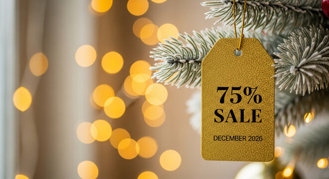 Close-up of snowy fir branch with golden tag, displaying 75% sale for December 2026. It represents retail promotion, holiday season discounts - Powered by Adobe