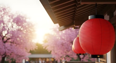 Red Japanese paper lanterns hanging from a traditional building with cherry blossoms blooming at sunset for a Japan Day cultural celebration concept