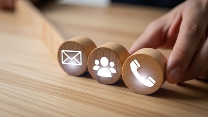 Hand pushes wooden blocks with glowing contact icons on table.