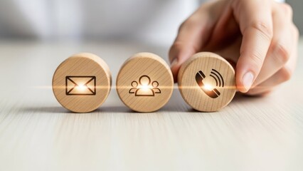 Hand selecting wooden blocks with communication icons on table