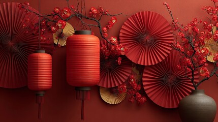 Red background, chinese new year decorations with lanterns and plum blossoms on a red wall, red paper fans, minimalist style, flat composition, wide angle lens, bright light, warm colors.