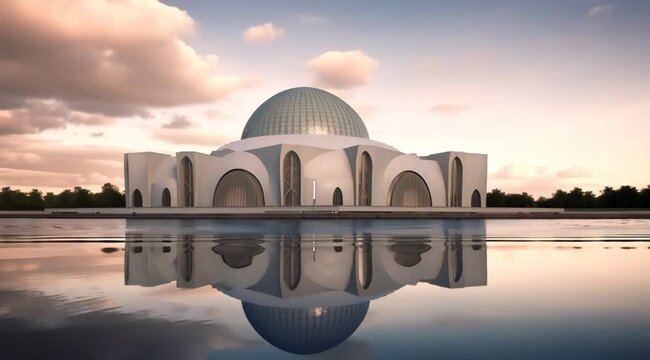 Serene Reflections: A Modern Mosque Reflected in Calm Water at Sunrise or Sunset Calm View