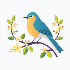 Obraz premium Blue bird perched on a branch with flowers and leaves.