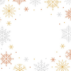 Vector christmas greeting template decorative frame with golden, silver and bronze snowflakes and stars on white background