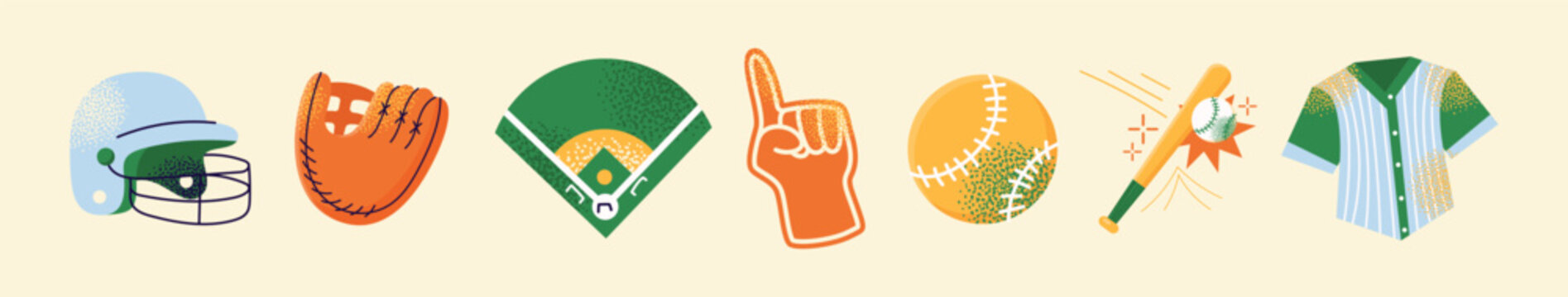 Baseball, Softball Equipment Vector Icons Set. Helmet, Glove, Field, Fan Finger, Ball, Bat, Uniform. Sports Gear Collection. American team sport competition concept. 