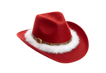 Santa cowboy hat with white fur trim, isolated on a transparent background