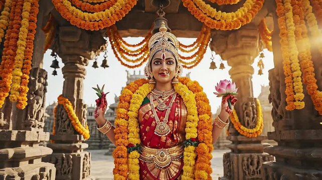 Goddess Lakshmi in Temple Adorned with Marigold Garlands