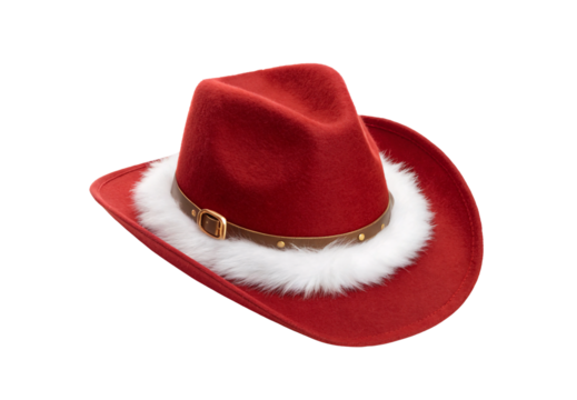 Santa cowboy hat with white fur trim, isolated on a transparent background - Powered by Adobe