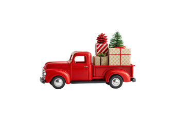 Retro red pickup hauling festive gifts, pinecone decoration, and miniature tree, isolated on a transparent background