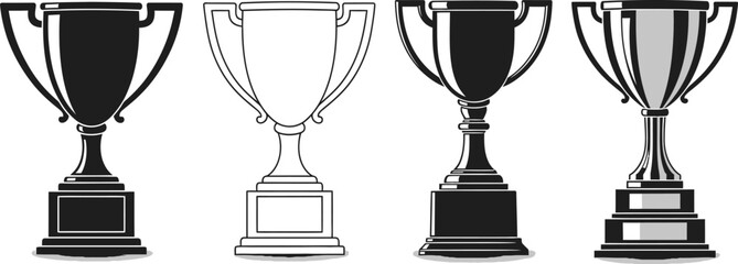 Trophy Cup Set Collection, Black and White, Outline, Isolated on Transparent Background
