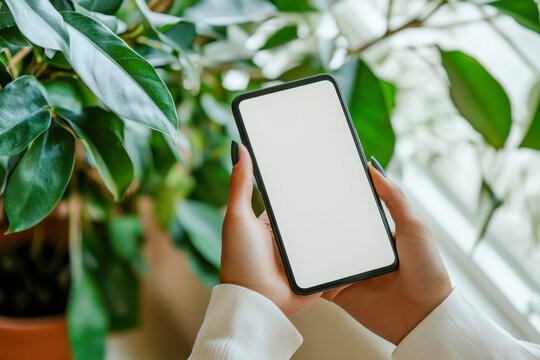 Person's hands are holding a blank smartphone in front of a sunny window with lush green plants nearby, creating a serene indoor scene