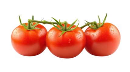 Fresh red tomatoes on a vine with droplets of water ready for cooking or salad preparation in a kitchen setting.