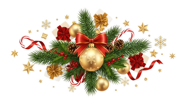 Beautiful festive Christmas holiday season decoration with realistic fir branches, golden baubles, red bows, pine cones, and vibrant red ribbons, perfect for seasonal greetings