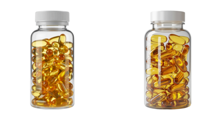 Bottles with vitamin capsules, omega-3 isolated on a transparent background