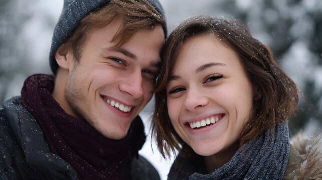 A happy young couple smiles warmly at the while standing close together outdoors in falling snow during winter