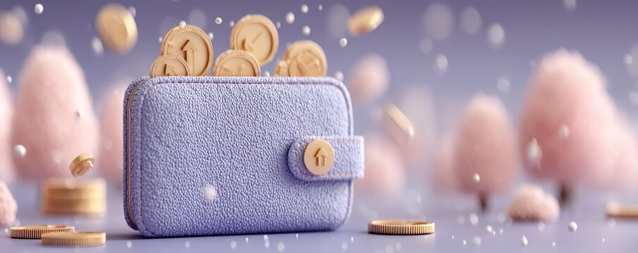 Purple wallet with upward arrow and flying coins, symbolizing savings, growth, and financial momentum