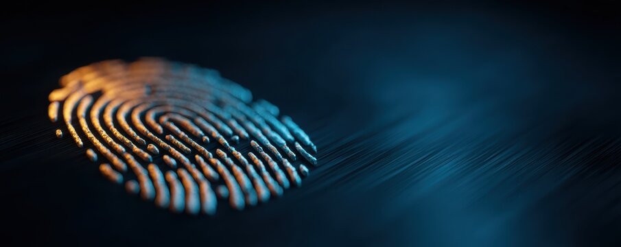 3D illustration of a security lock with a fingerprint on a blue surface for biometric authentication and data protection