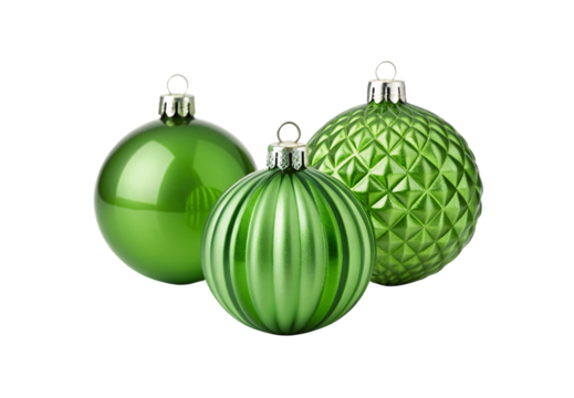 Green festive Christmas baubles with varied patterns, isolated on a transparent background